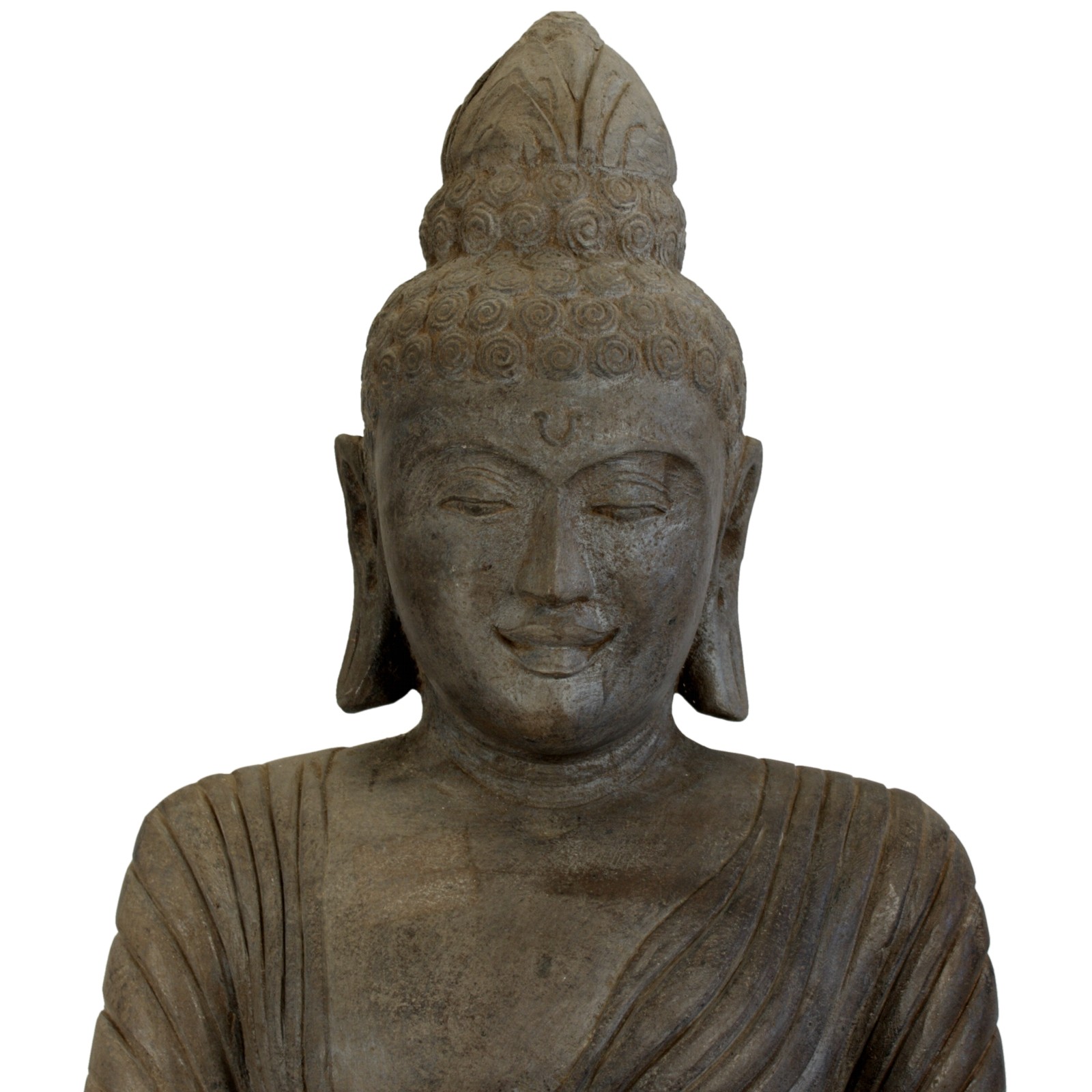 Große, stehende Buddha Figur aus grauem Lavastein. Handarbeit aus 