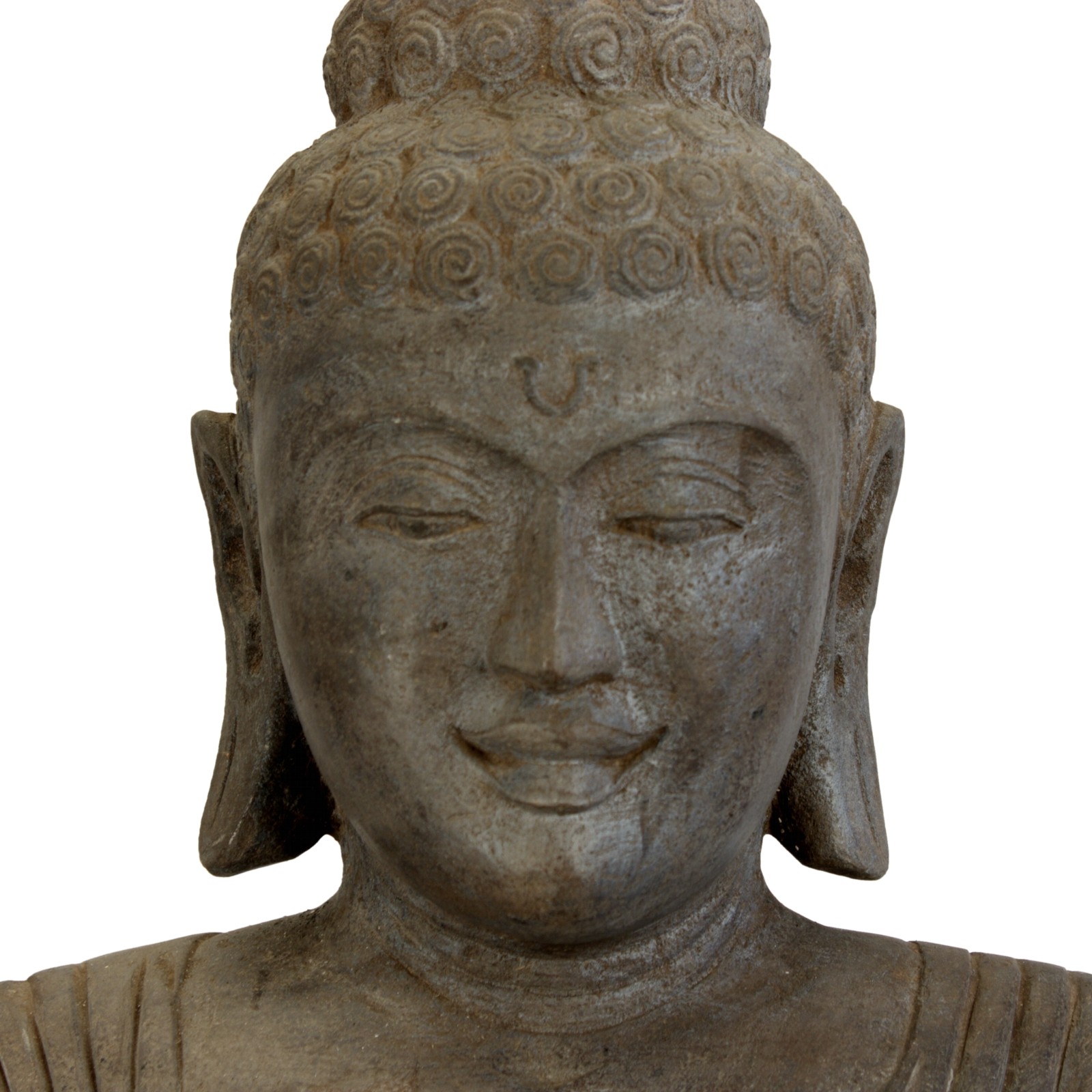 Große, stehende Buddha Figur aus grauem Lavastein. Handarbeit aus 