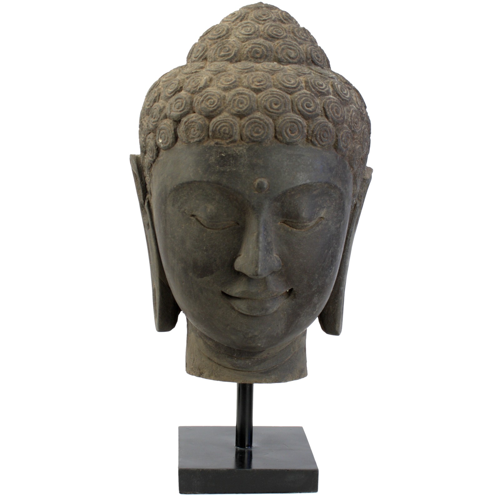 Buddha Kopf aus Lavastein auf schwarz lackiertem Metallträger. 54 cm 