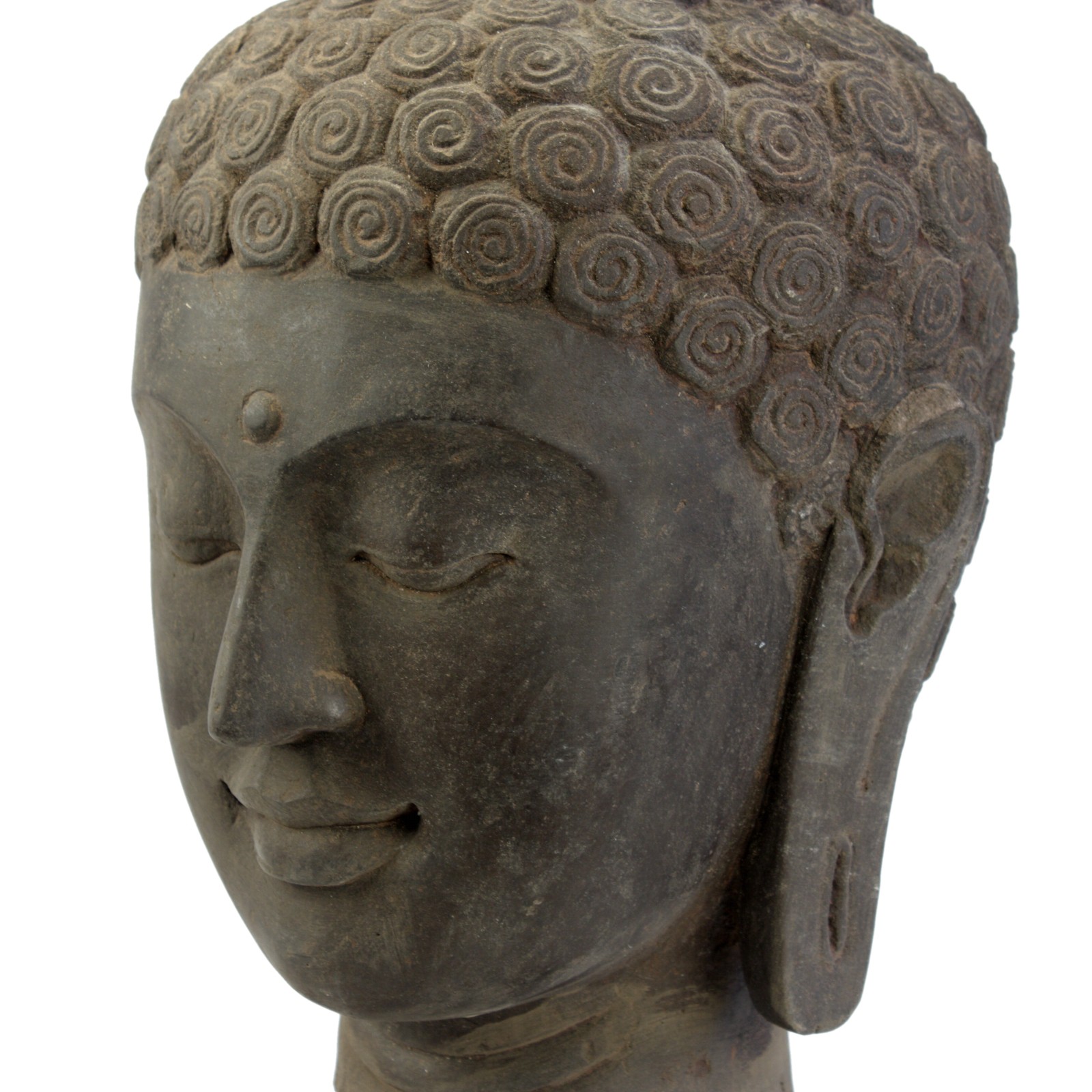 Buddha Kopf aus Lavastein auf schwarz lackiertem Metallträger. 54 cm 